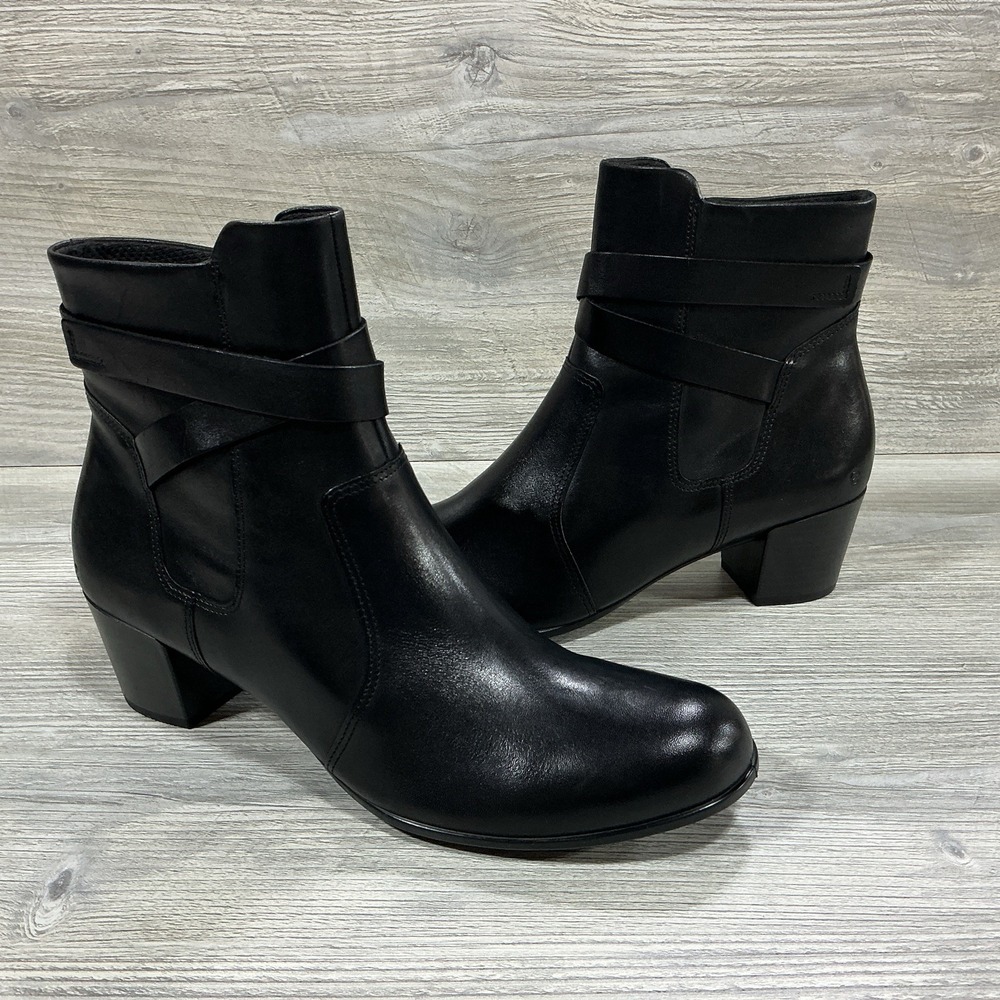 Ecco Boots Womens 10-10.5 EU 41 Black Leather Ankle Side Zip Block Heeled Boots